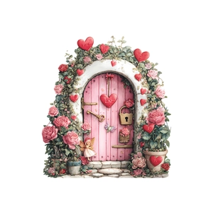 Adesivo murale porta delle fate con rose rosa, cuore d'amore e una piccola figura di fata