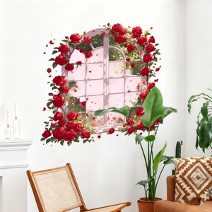 3D arch window wall sticker with red roses and white frame for living room decor