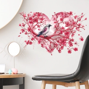 Pink heart-shaped floral wall sticker with a bird and branches for home bedroom decor