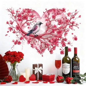 Pink heart-shaped cherry blossom tree wall decal with bird for romantic room decoration