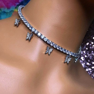 Zilveren strass vlinder choker ketting met zirkonia in hippe hiphop-stijl