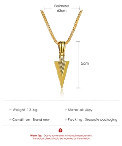 Detailed view of golden arrowhead necklace with dimensions 5cm pendant and 63cm chain