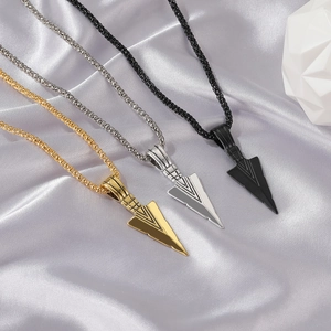 Men's geometric arrowhead pendant necklace in gold, silver and black finishes with wheat chain