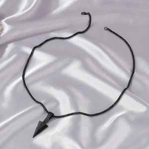 Matte black arrow pendant necklace for men with geometric spearhead on silk fabric
