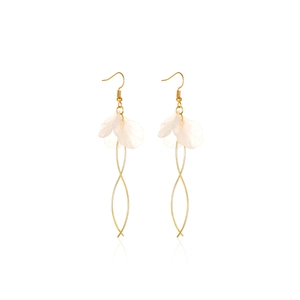 Elegant long petal drop earrings with golden metal wire and translucent flower design