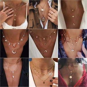 Multilayer bohemian alloy necklace set with gold and silver stars and moon pendants