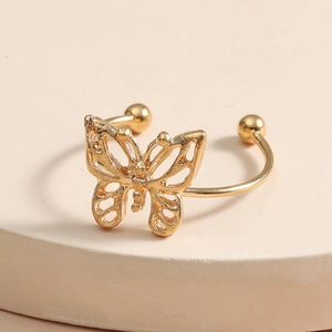 Minimalist golden hollow butterfly open ring with polished metal finish and bead details