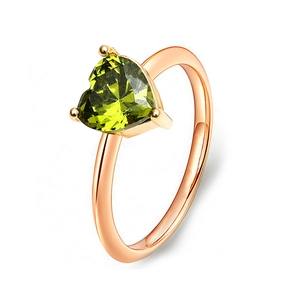 Elegant rose gold heart ring with an olive green zircon gemstone in a 3-claw setting