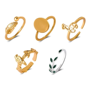 Set of five retro geometric adjustable open rings in gold and silver finishes