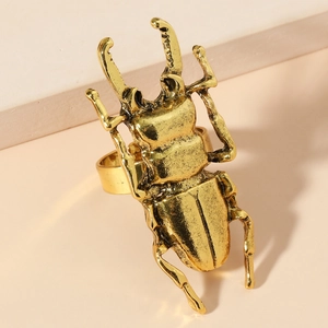 Creative gold stag beetle insect ring with adjustable open band for women