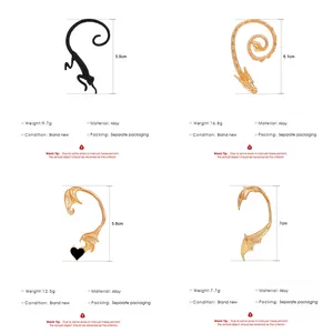 Size chart showing height and weight for four styles of dragon and wing ear cuffs