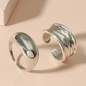 Retro silver geometric rings set featuring smooth polished and textured bands for women