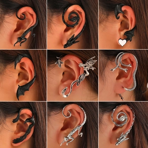 Gothic dragon and bat wing non-piercing ear cuffs in vintage black and silver alloy finish