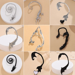 Gothic dragon and bat wing ear cuffs in vintage silver and black finish for non-pierced ears