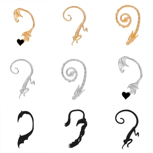 Gothic style alloy ear cuffs set with dragon bat and feather designs in black gold and silver