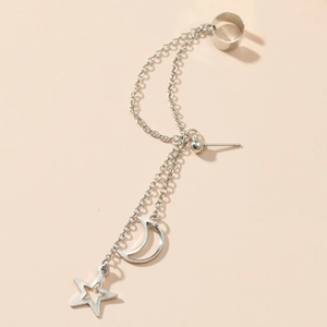 Silver star and moon chain ear cuff earring set with dangling celestial charms