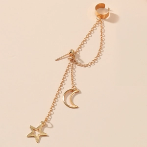 Elegant gold star and moon ear cuff earring with long tassel chain for women