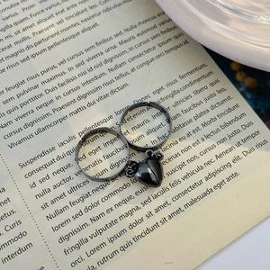 Gros plan de bagues de couple cœur magnétique en métal noir sur pages de livre