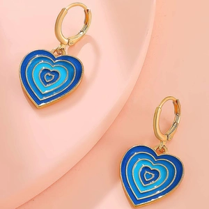Vintage heart earrings with blue enamel gradient drop and golden metal hoops