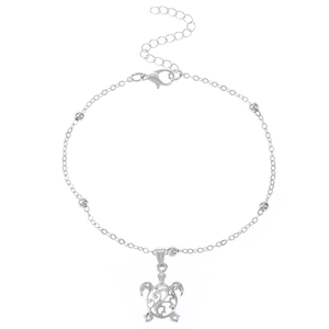 Bracelet de cheville tortue en argent avec breloque évidée et chaîne perlée pour femme