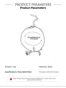 Detailed view of silver rose bracelet with lobster clasp showing 17.5+5cm dimensions