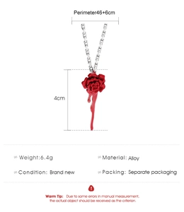 Close-up of red rose pendant showing 46+6cm chain length and 4cm pendant height