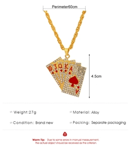 Detail showing gold poker card pendant with rhinestones and product size 60cm chain