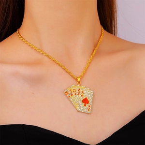 Hip Hop Alloy Rhinestone Poker Cards Pendant Necklace Creative Royal Flush Heart Spade Poker Pendant Jewelry Accessory For Men Women