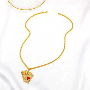 Gold-plated playing cards necklace with diamond pavé and colorful Royal Flush pendant