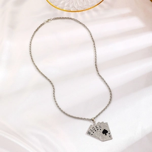 Silver iced out poker cards pendant necklace with crystal flush royal hearts design