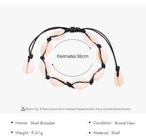 Detail view of woven shell bracelet showing 38cm circumference and 9.41g weight specs
