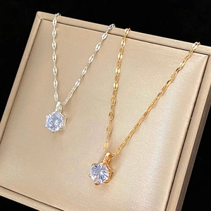 Elegant six-prong solitaire zircon pendant necklace in silver and gold minimalist finishes