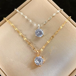Minimalist Alloy Solitaire Rhinestone Pendant Necklace For Women Six Claw Cubic Zirconia Style Clavicle Chain Jewelry