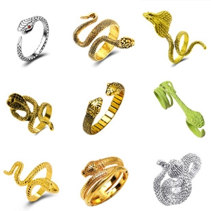 Detailed grid of adjustable alloy snake rings in gold, silver, and green colors