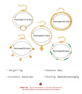 Detailed technical specs of multilayer gold alloy anklet set with weight and dimensions