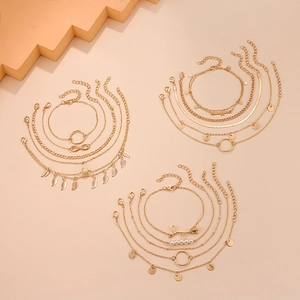 Bohemian gold multilayer anklet set with star, leaf charms and imitation pearls