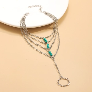 Silver multi-layer hand harness with turquoise beads and adjustable finger ring