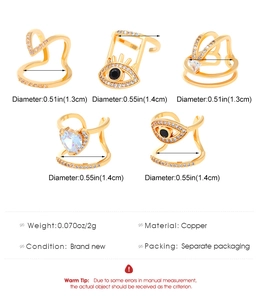 Detailed size and specs for geometric copper ear cuffs with zircon and heart motifs