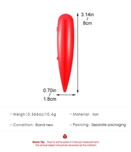 Macro detail of red pointed metal nail ring featuring 8cm length and polished finish