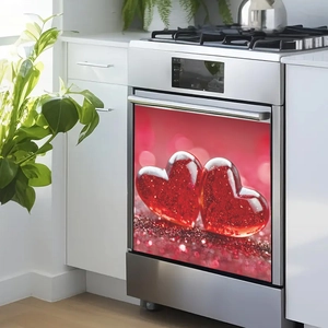 Adesivo magnetico cuori rossi per lavastoviglie su moderno forno in acciaio inox