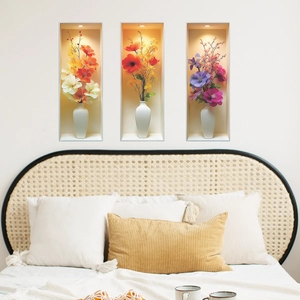 Modern 3D wall stickers featuring floral vases in a cozy bedroom scene, 3-piece set