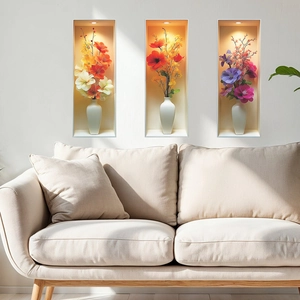 Three-piece 3D realistic flower vase wall stickers for living room decor with warm lighting