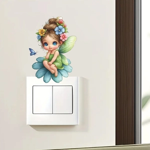 Cartoon flower fairy wall sticker for light switch decor featuring a blue butterfly