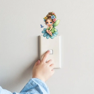 Cute fairy sitting on a blue flower cartoon wall sticker for light switch decor