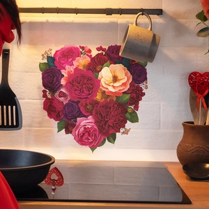 Self-adhesive floral heart wall sticker with red and pink roses on a white tile wall