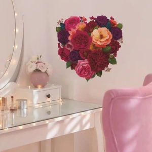 3D rose heart wall sticker for home decor with vibrant red and pink floral patterns