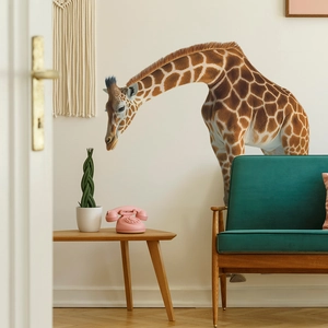 Realistic 3D giraffe wall decal in a modern room with a blue velvet armchair