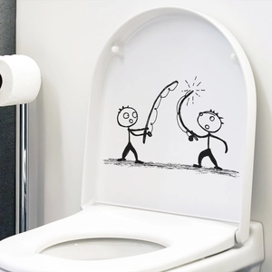 Minimalist stick figure fishing stickers on white toilet lid for bathroom decoration
