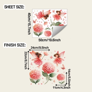 Detailed sheet size and finish dimensions for fairy and hydrangea wall stickers