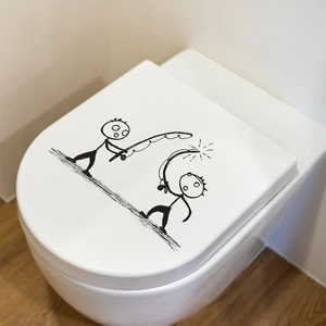 Funny stick figure fishing stickers on toilet lid, minimalist bathroom wall decor decal
